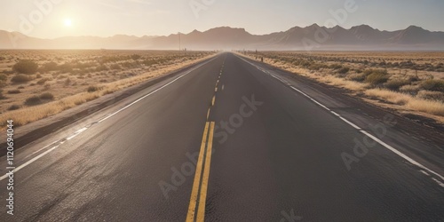 Sun-bleached asphalt stretches across a vast, open road, with a subtle haze in the distance , black and white, highway