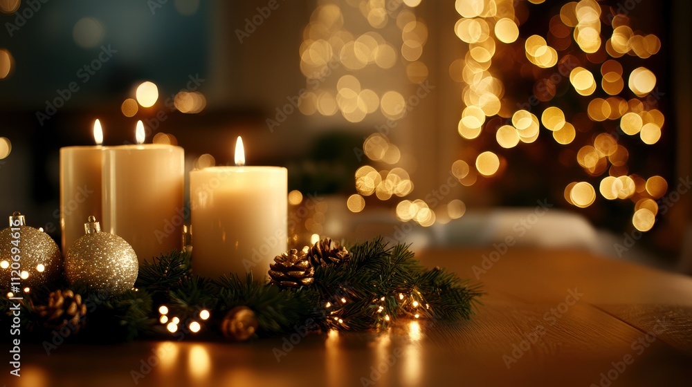 Cozy holiday ambiance with candles and festive decorations Cozy holiday ambiance with candles and festive decorations