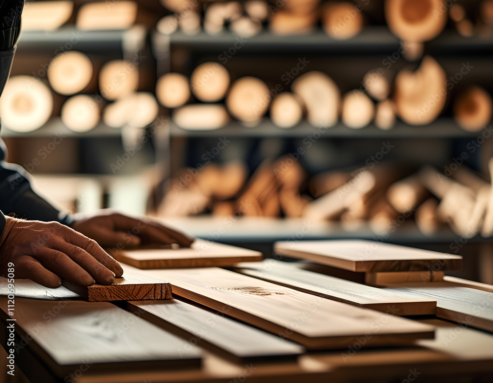 Craftsman Examining Wooden Planks in Workshop Craftsman Examining Wooden Planks in Workshop