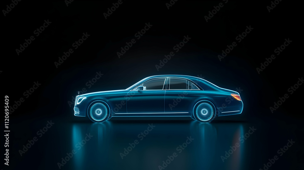 Ordinary blue holographic car, side view, car structure, black background Ordinary blue holographic car, side view, car structure, black background