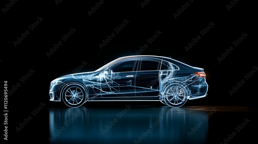 Ordinary blue holographic car, side view, car structure, black background Ordinary blue holographic car, side view, car structure, black background
