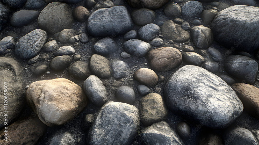 Close-up view of a collection of smooth, grey and brown river rocks resting on dark soil. The stones vary in size and shape, creating a natural, textured surface. Close-up view of a collection of smooth, grey and brown river rocks resting on dark soil. The stones vary in size and shape, creating a natural, textured surface.