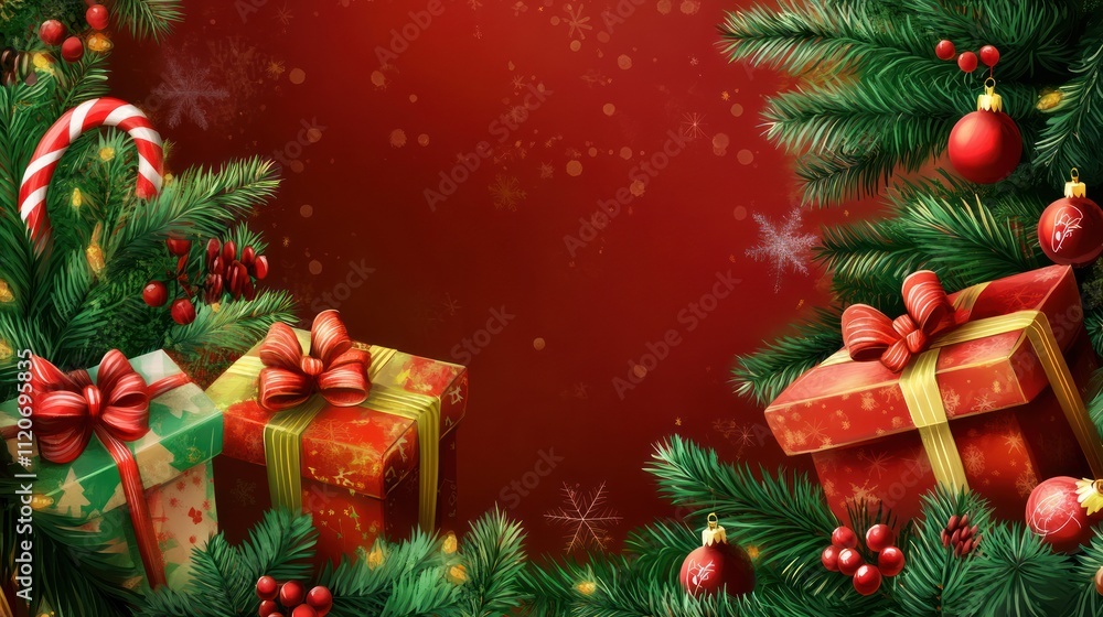 Festive illustration featuring Christmas gifts and decorations on a red background. Festive illustration featuring Christmas gifts and decorations on a red background.
