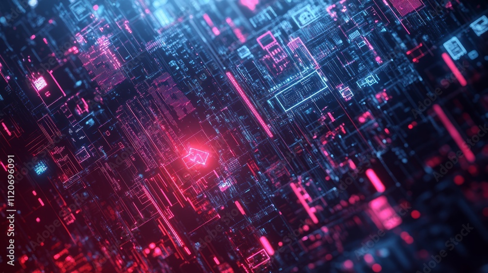 Fototapeta premium Abstract digital data stream with glowing red and blue lines and symbols.