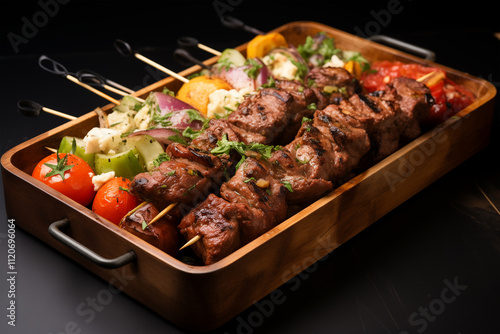 Assorted Grilled Meat Skewers on Wooden Board