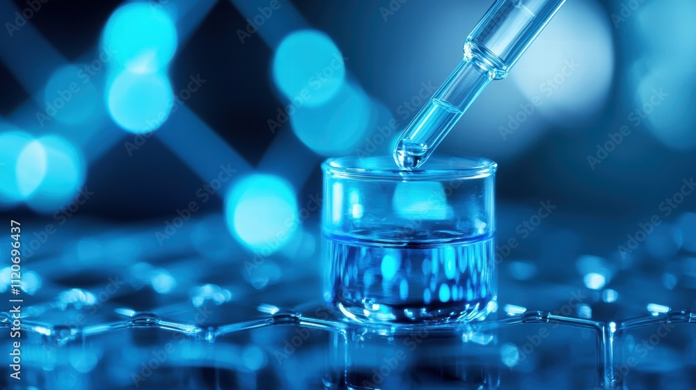 Laboratory dropper dispensing liquid into a blue vial Laboratory dropper dispensing liquid into a blue vial