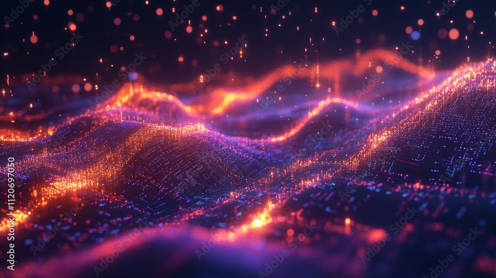 Obraz premium Abstract digital landscape with glowing particles and waves.