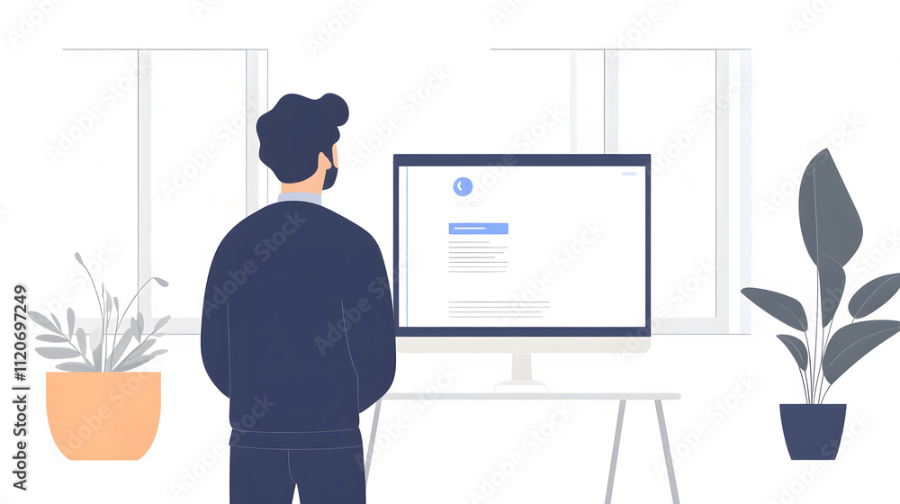 man stands in front of computer screen, reviewing project remotely in bright workspace. scene features plants and large windows, creating calm atmosphere man stands in front of computer screen, reviewing project remotely in bright workspace. scene features plants and large windows, creating calm atmosphere