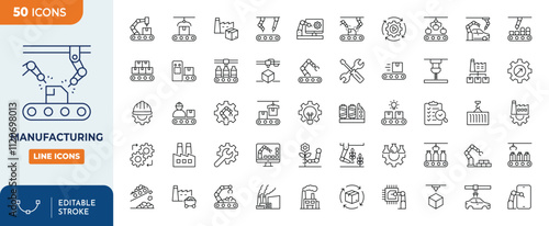 Manufacturing line editable icon set. Manufacturing icon set. Editable stroke. Vector illustration	