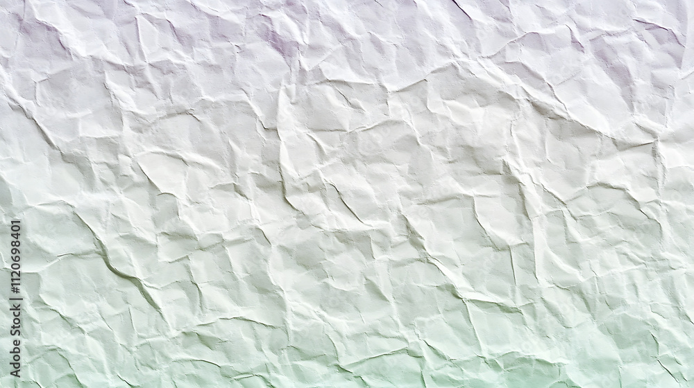 Obraz premium Close-up of crumpled white paper with a subtle gradient of pastel purple and green. The texture is rough and uneven, showing deep creases and folds.