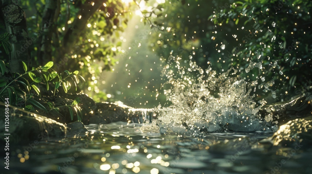 Naklejka premium Splash in the Stream: Water splashes over rocks in the stream, shimmering in the sunlight, bringing motion and life to the tranquil natural surroundings. 