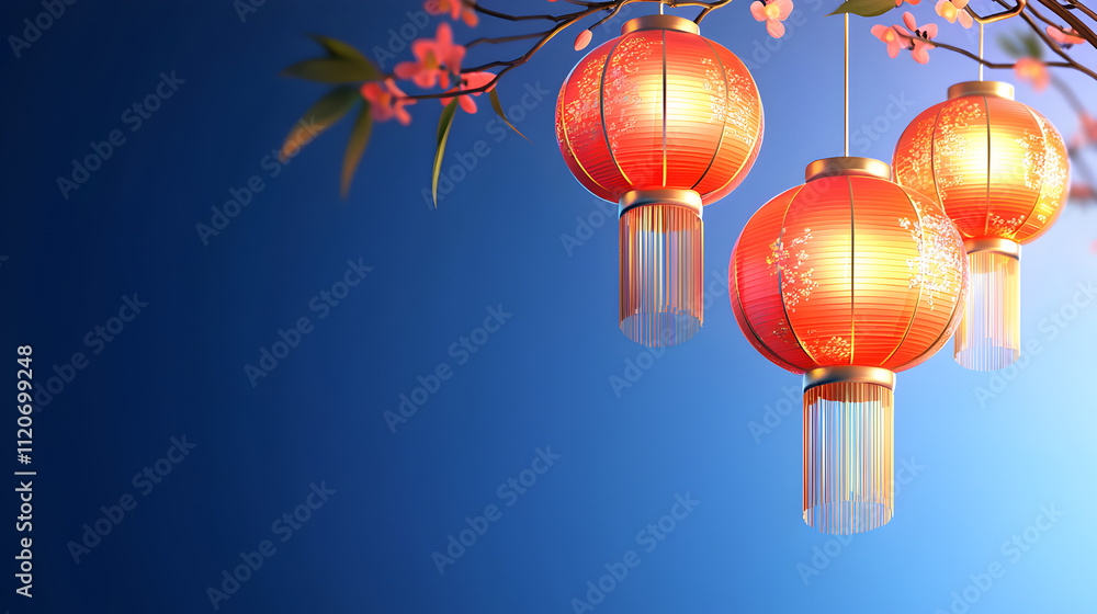 Obraz premium Three red lanterns hanging from a tree