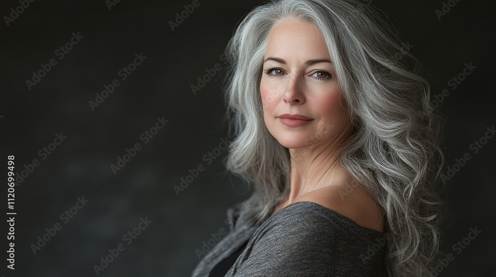 Elegant middle aged woman grey hair, radiant portrait beautiful model studio, graceful mature happy attractive female, confident natural stylish, professional poised glowing. Elegant middle aged woman grey hair, radiant portrait beautiful model studio, graceful mature happy attractive female, confident natural stylish, professional poised glowing.