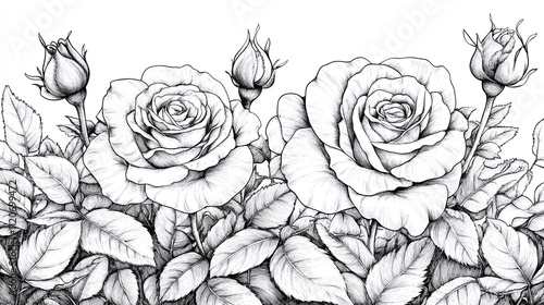 Fototapeta Naklejka Na Ścianę i Meble -  Delicate rose flower coloring, artistic book page drawing garden, intricate doodle sketch outline illustration, botanical decorative blooming, elegant floral artistic.