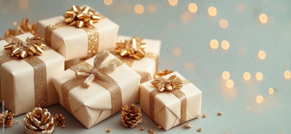 Elegant Christmas Gift Boxes in Gold and Cream Colors for Winter Holiday Celebration Elegant Christmas Gift Boxes in Gold and Cream Colors for Winter Holiday Celebration