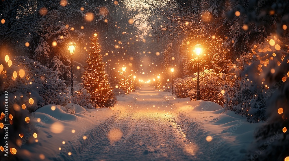 Snowy Pathway Illuminated By Festive Lights And Trees Snowy Pathway Illuminated By Festive Lights And Trees