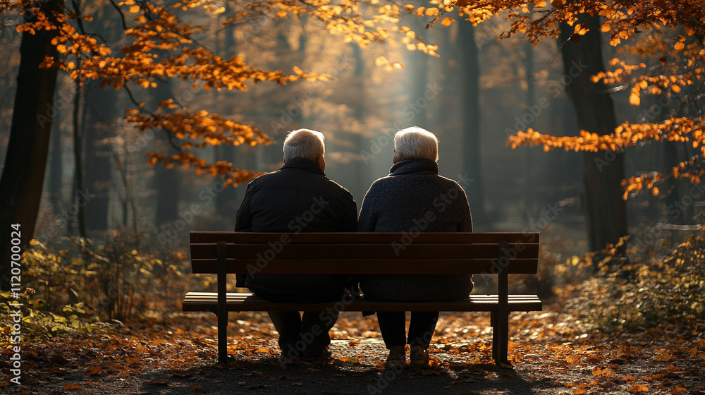 Elderly couple sitting peacefully on a park bench enjoying the serene environment, representing companionship, aging gracefully, and the beauty of shared moments in nature's calm Elderly couple sitting peacefully on a park bench enjoying the serene environment, representing companionship, aging gracefully, and the beauty of shared moments in nature's calm