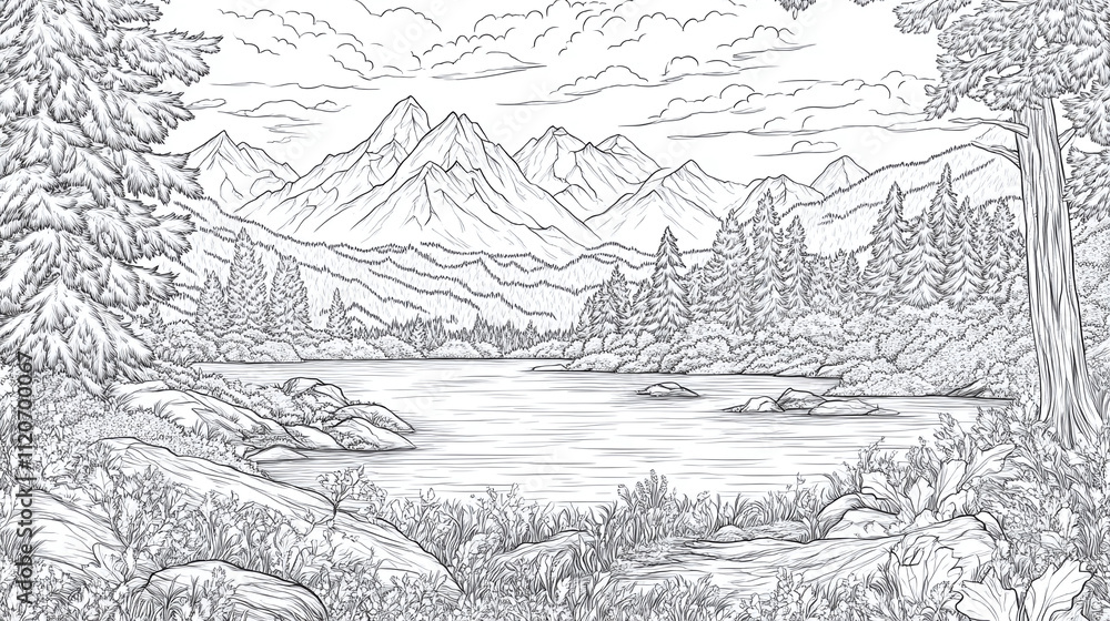 Obraz premium Serene mountain coloring book, artistic page drawing sketch contour, expressive outline nature landscape illustration, detailed relaxing scenic, adventurous creative artistic.