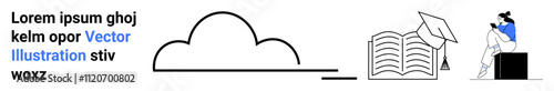 Cloud icon alongside an open book and a student on a laptop wearing a graduation cap. Ideal for online learning, cloud storage, education technology, e-learning platforms, digital libraries, academic
