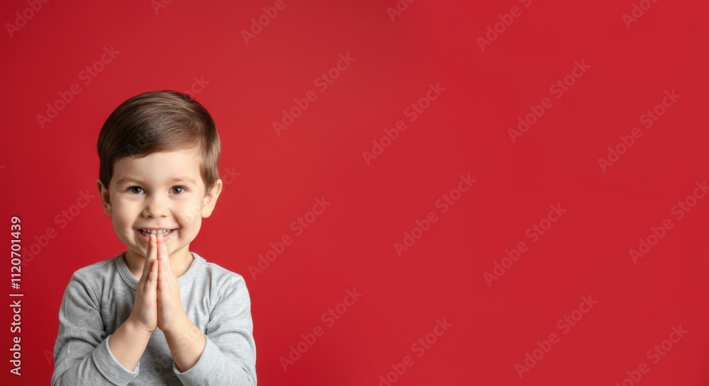 Smiling Caucasian boy clasping hands against solid red background, wearing grey long-sleeve shirt Smiling Caucasian boy clasping hands against solid red background, wearing grey long-sleeve shirt