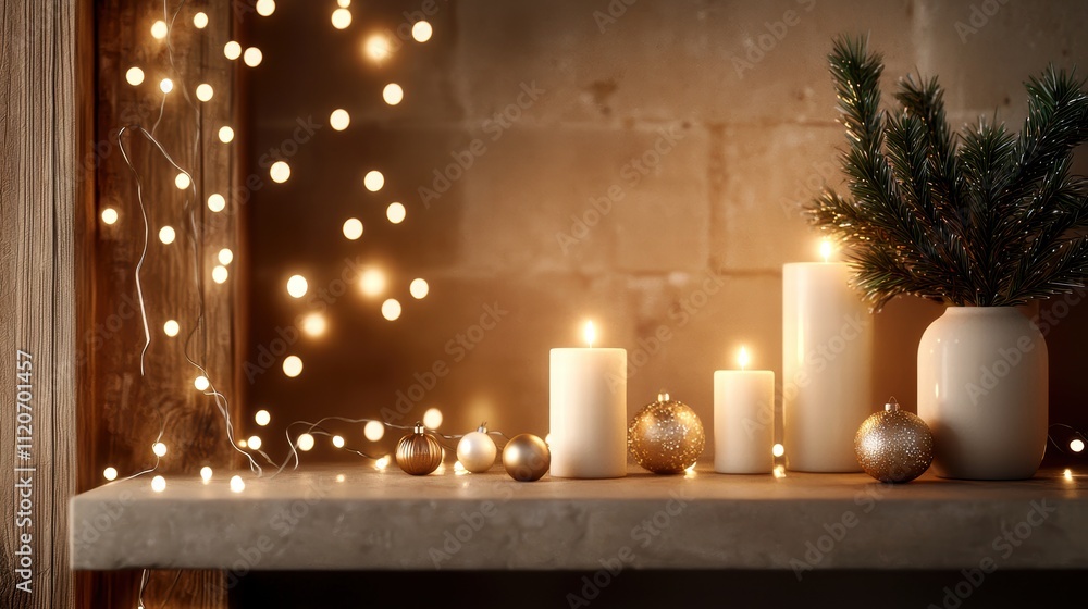 Cozy holiday decor with candles and festive ornaments Cozy holiday decor with candles and festive ornaments