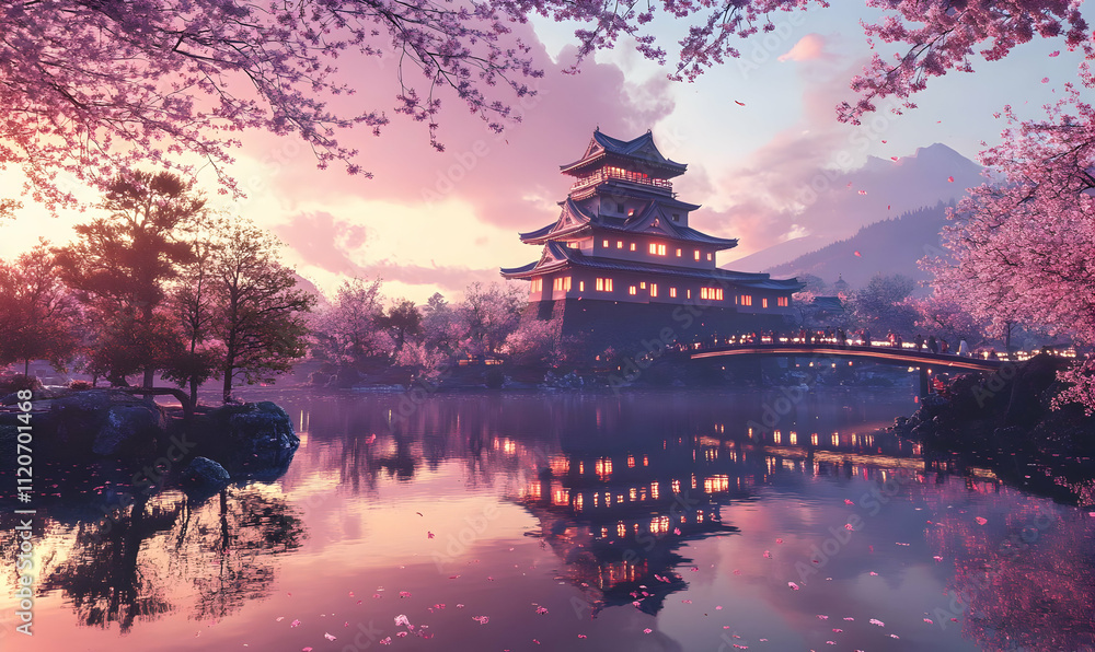Obraz premium Serene landscape featuring a traditional pagoda surrounded by cherry blossoms at sunset.