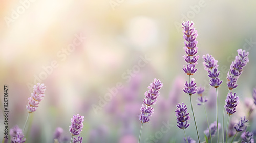 Soft focus image of lavender flowers in a field bathed in warm sunlight. The blurred background creates a dreamy, peaceful atmosphere.