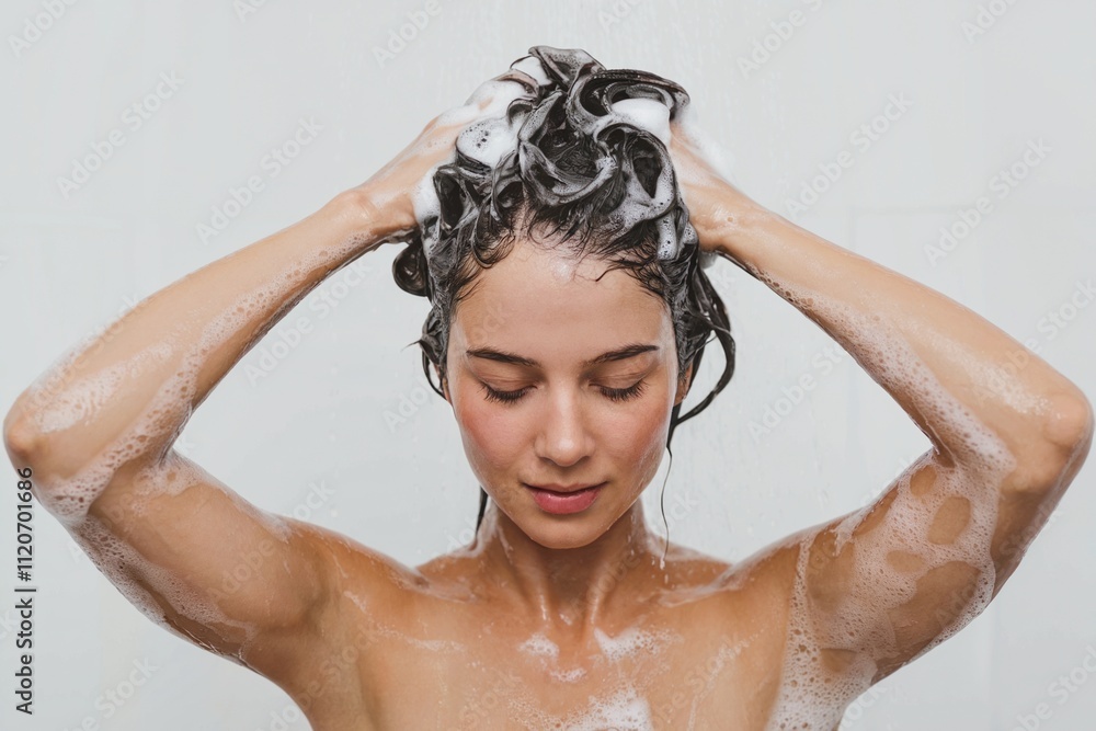 Naklejka premium Woman washing her hair with shampoo, arms raised, and lather visible