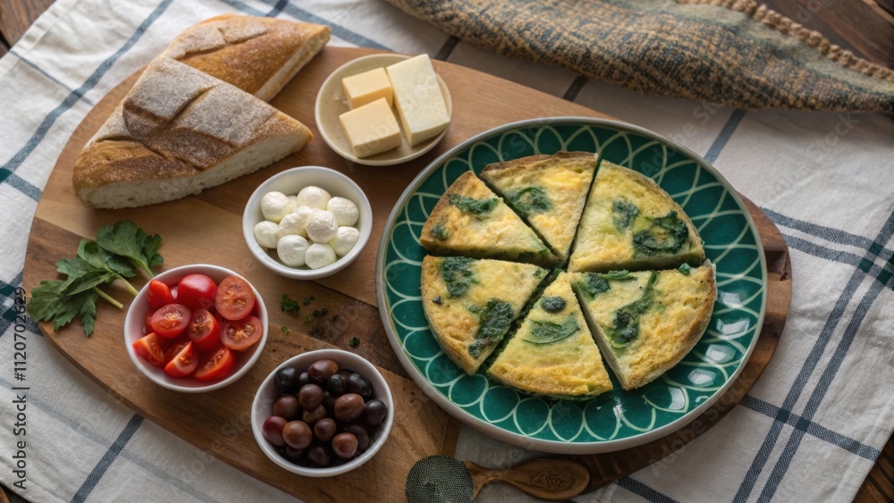 Fototapeta premium A round table features a rustic cloth with a patchwork design. At the center a platter showcases a fluffy omelet filled with spinach and cheese into wedges displaying its vibrant