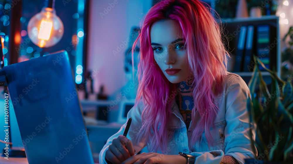Fototapeta premium Pierced businesswoman with pink hair holding a pen and looking at a laptop near a computer monitor.