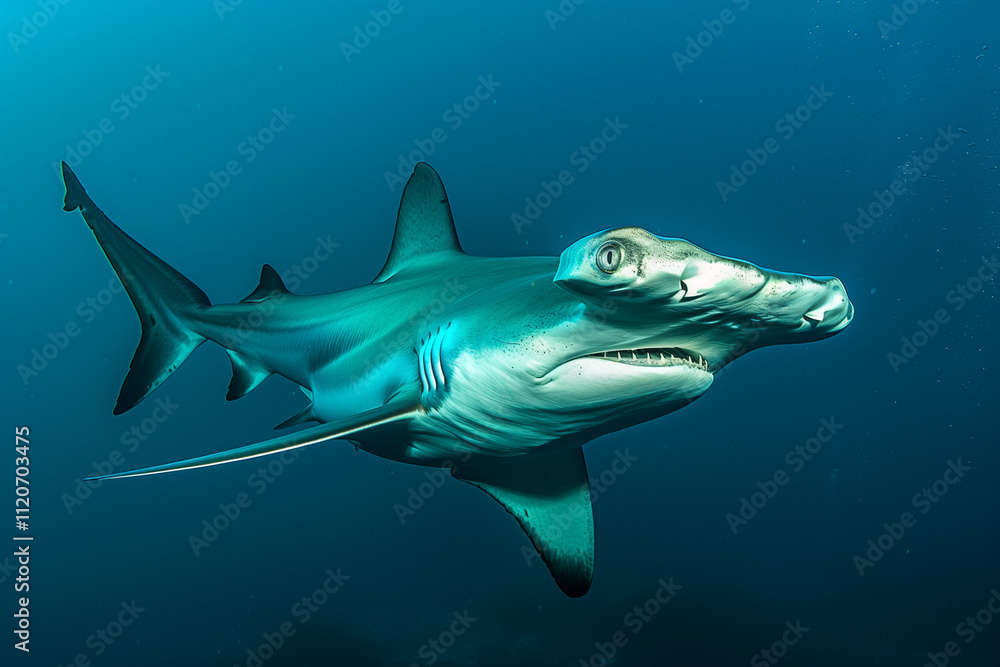 Obraz premium Hammerhead Shark Gliding Across Seabed in Blue Ocean Representing Aquatic Wildlife and Marine Predator Behavior