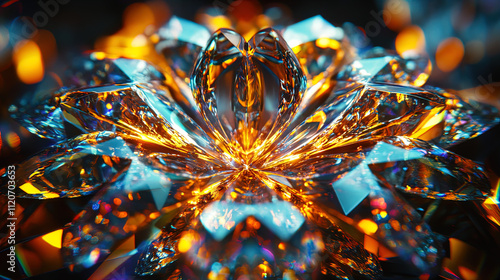 The image showcases a stunning arrangement of glass-like crystals that are intricately formed into a floral pattern. The crystals are multifaceted, reflecting light in a dazzling array of colors, pred photo