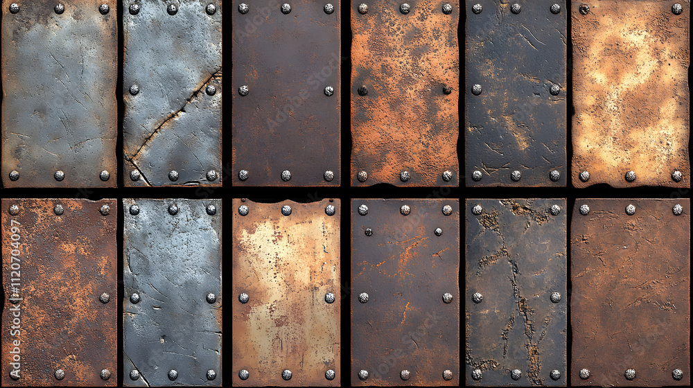 Fototapeta premium Twelve textured metal plates, showing various stages of rust and wear, are arranged in a grid pattern.
