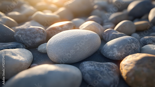 Close-up of smooth, gray and brown stones bathed in warm sunlight. The texture and subtle color variations are highlighted, creating a serene and natural scene.