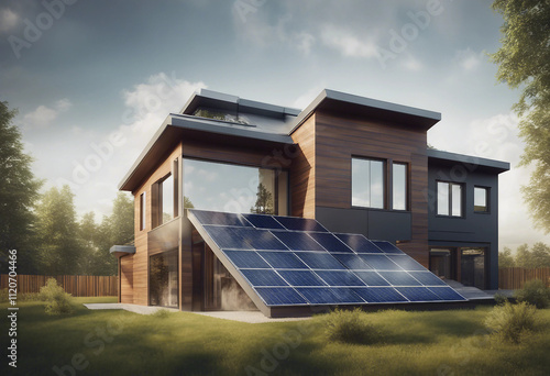 New suburban house with a photovoltaic system on the roof Modern eco friendly passive house with sol photo