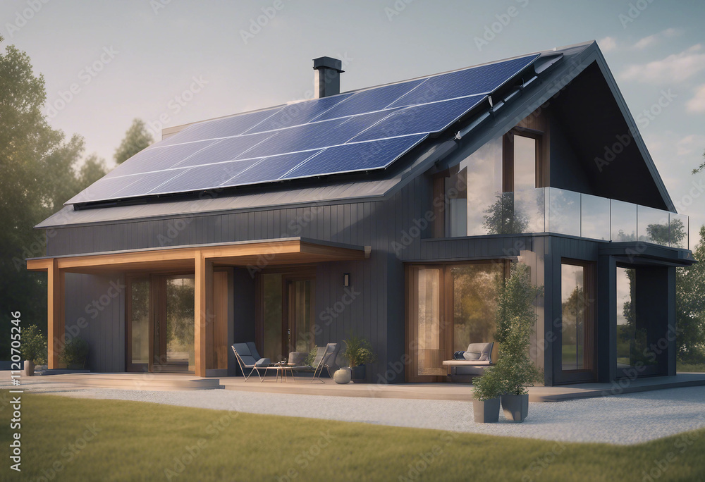 New suburban house with a photovoltaic system on the roof Modern eco friendly passive house with sol New suburban house with a photovoltaic system on the roof Modern eco friendly passive house with sol