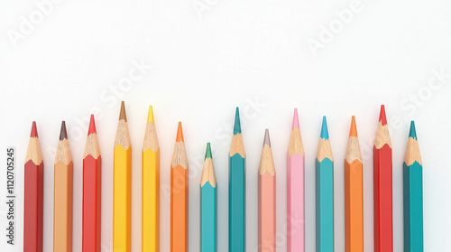 Vibrant Colored Pencils in Neat Row on White Background for Artistic Design and School Projects