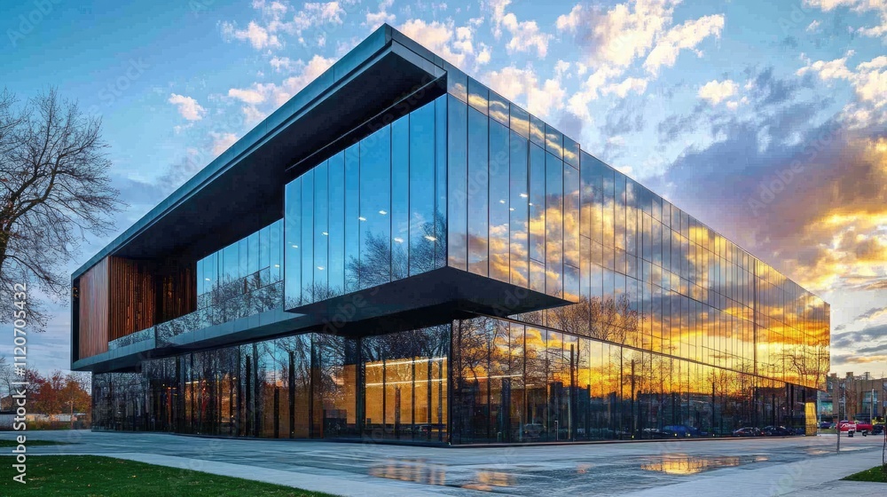 Fototapeta premium Modern glass building reflecting sunset.