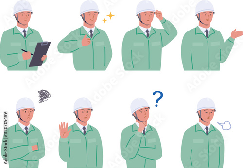 ヘルメットをかぶった作業員の色々な表情パターンのベクターイラスト