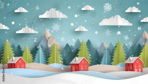 Abstract paper cut Cristmas craft style background handmade prints