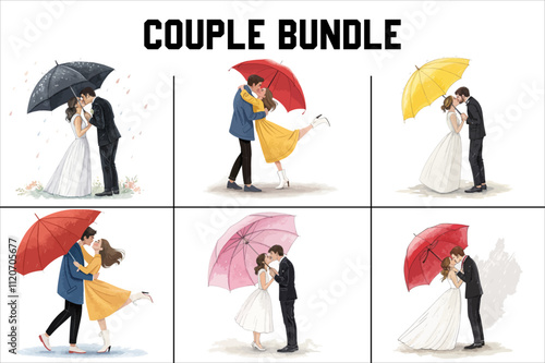 Kissing Couple with umbrella vector Bundle. Kissing couple under umbrella Bundle on white background.