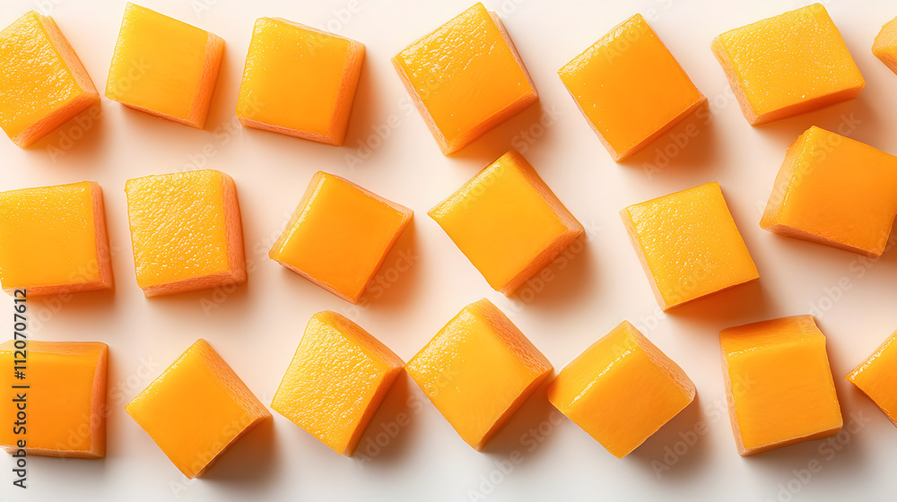 Overhead shot of many orange, square-shaped candies arranged on a white background. The candies are glossy and appear sweet and delicious. Overhead shot of many orange, square-shaped candies arranged on a white background. The candies are glossy and appear sweet and delicious.