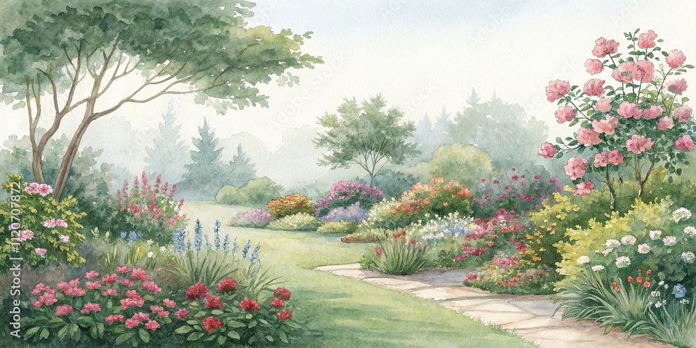 Naklejka premium Watercolor painting of a lush garden with vibrant flowers and foliage, watercolor gardens, greenery