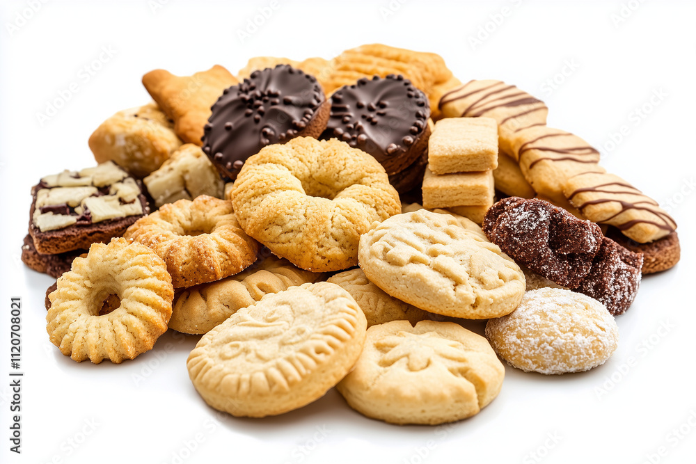 Pile of cookies isolated on a white background with a clipping path, close-up view Pile of cookies isolated on a white background with a clipping path, close-up view