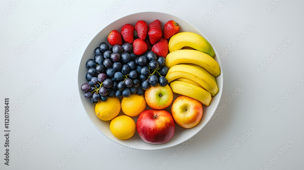 A white bowl overflowing with fresh fruit: strawberries, grapes, bananas, lemons, and apples. A vibrant and healthy mix, perfect for a snack or a centerpiece. A white bowl overflowing with fresh fruit: strawberries, grapes, bananas, lemons, and apples. A vibrant and healthy mix, perfect for a snack or a centerpiece.