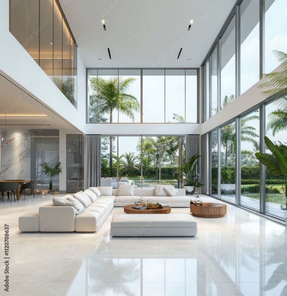 Fototapeta premium Modern luxury living room with high ceilings, large windows, and sectional sofa.