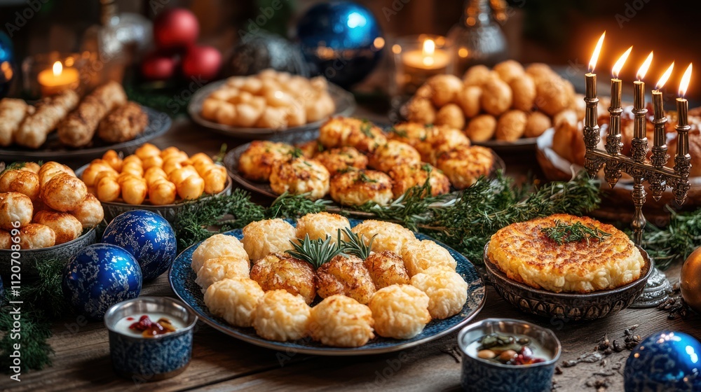 Festive table with various delicious food and menorah. Festive table with various delicious food and menorah.