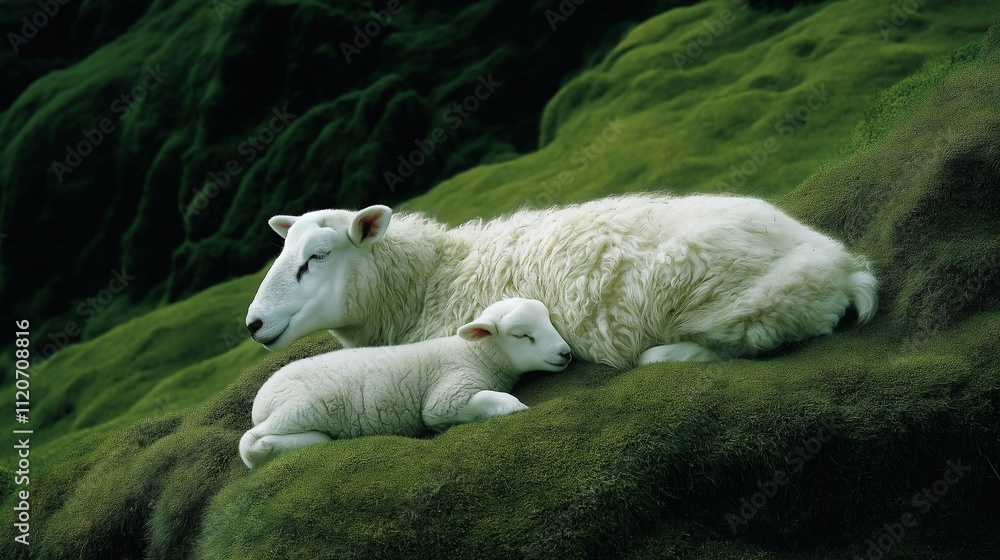 Fototapeta premium Peaceful Sheep and Lamb Resting on Mossy Hillock 