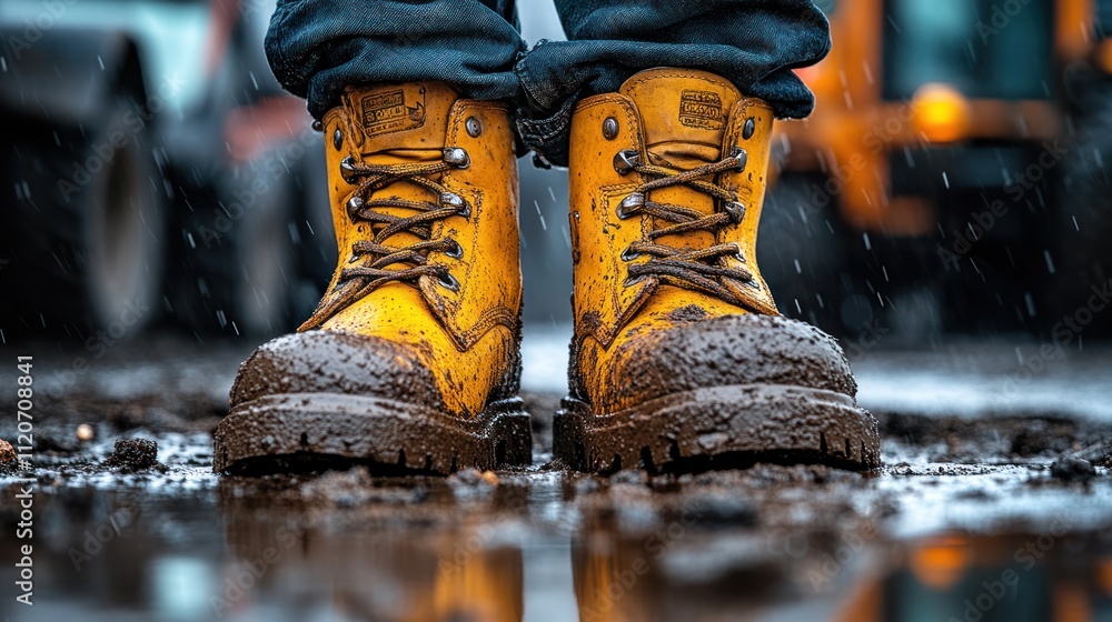 Close-up of muddy yellow work boots in a rainy environment.