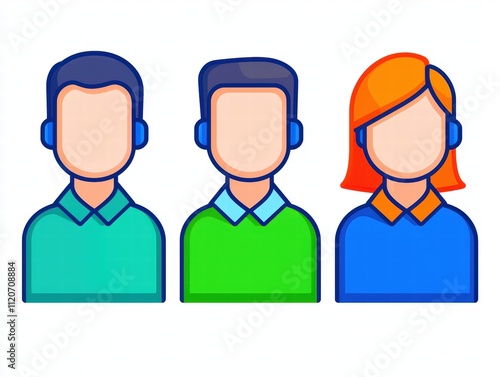 Three stylized, faceless avatars wearing headsets, representing diverse individuals in a digital or virtual environment.